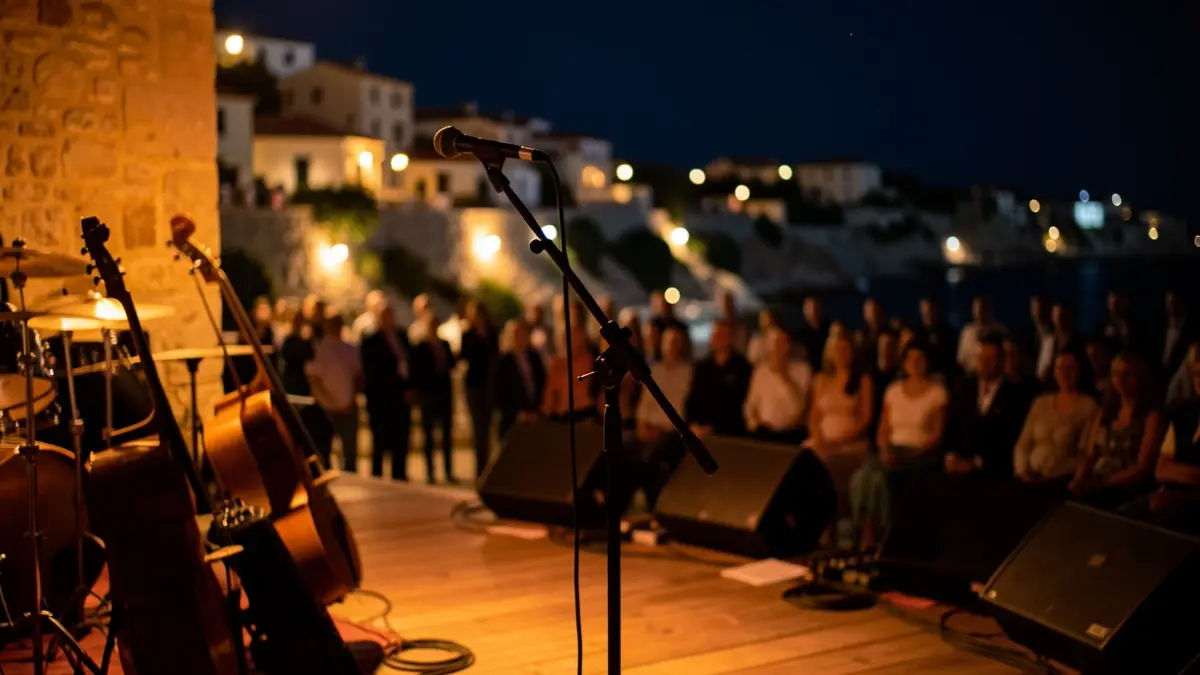 Escenario de un anfiteatro al aire libre preparado para un concierto nocturno.