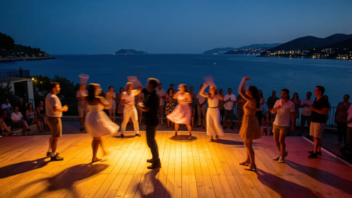 Outdoor stage during a dance gala by the sea.