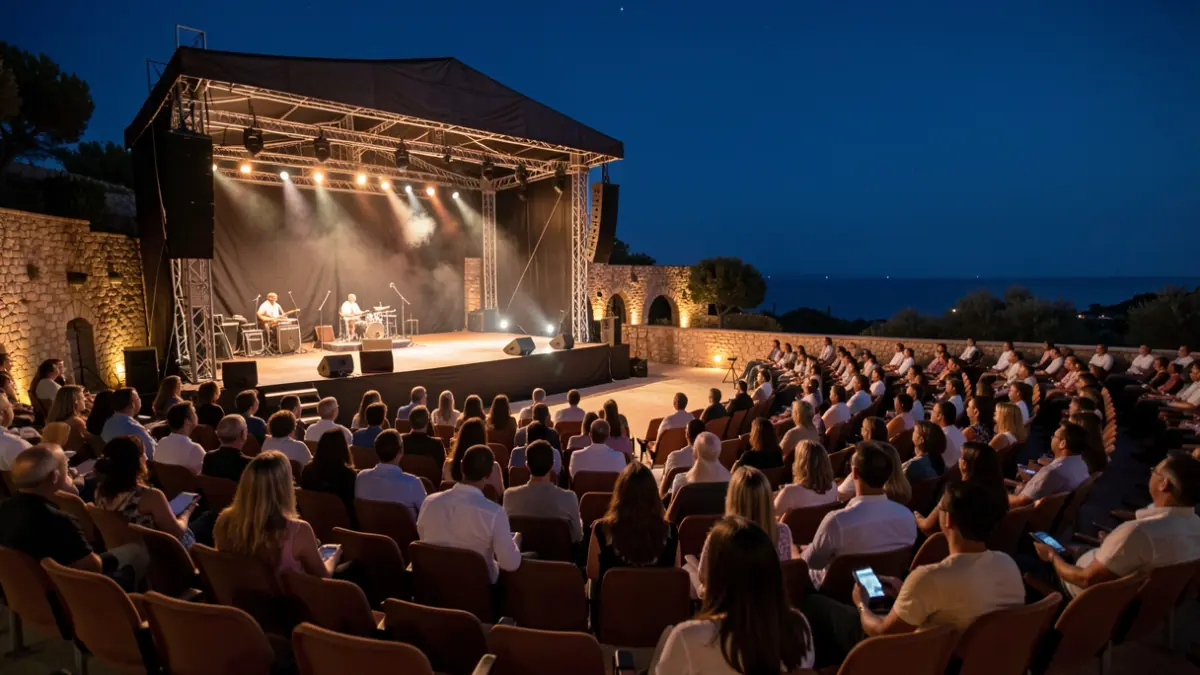 Outdoor amphitheater stage during a summer night.