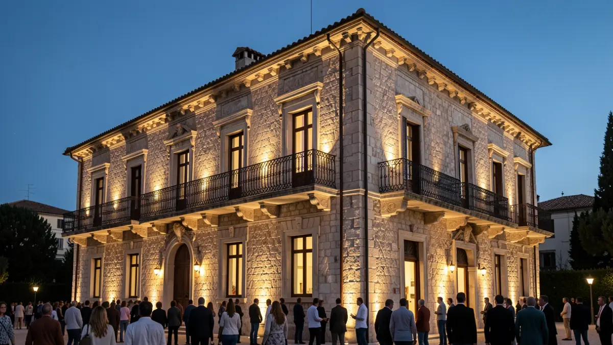 Facade of the Villa Elisa Municipal Palace illuminated at night.