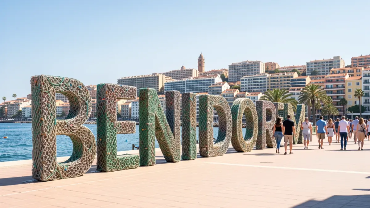 Imatge genèrica de l'skyline de Benidorm amb les noves lletres corpòries fetes de material reciclat.