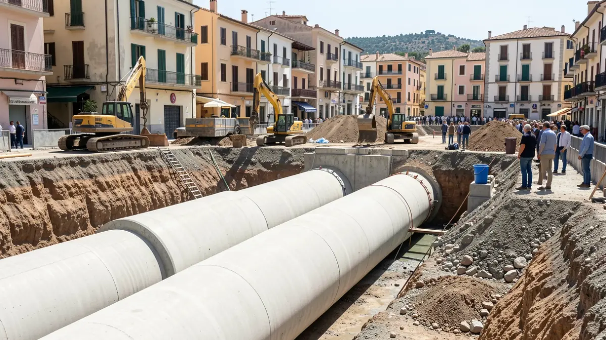 Image of the construction works of a hydraulic infrastructure in an urban environment.