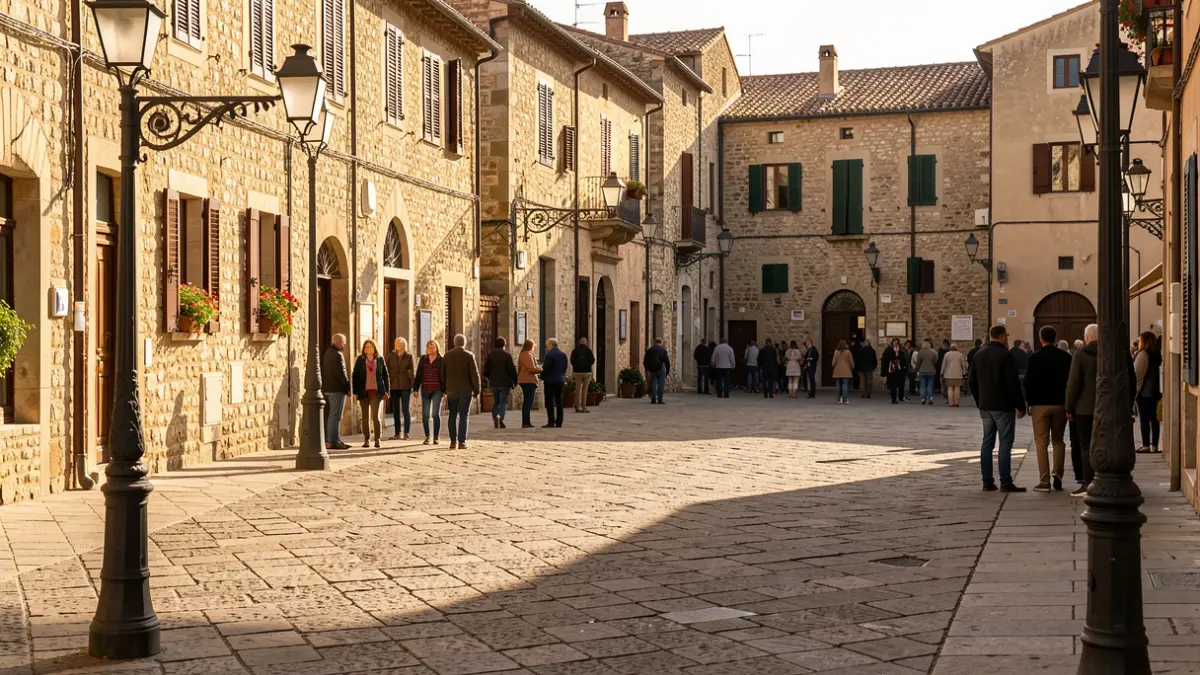 Generic image of a square in a Mediterranean town with afternoon light.