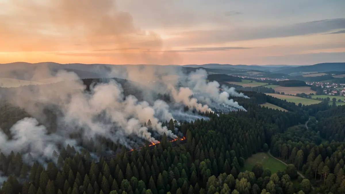 Imatge genèrica d'un incendi forestal a l'alba amb fum elevant-se sobre turons.