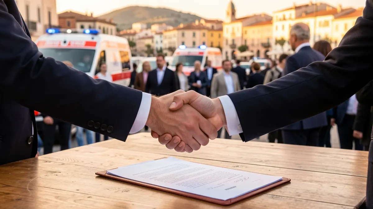 Generic image of two hands shaking over a document, with emergency vehicles and a city in the background.