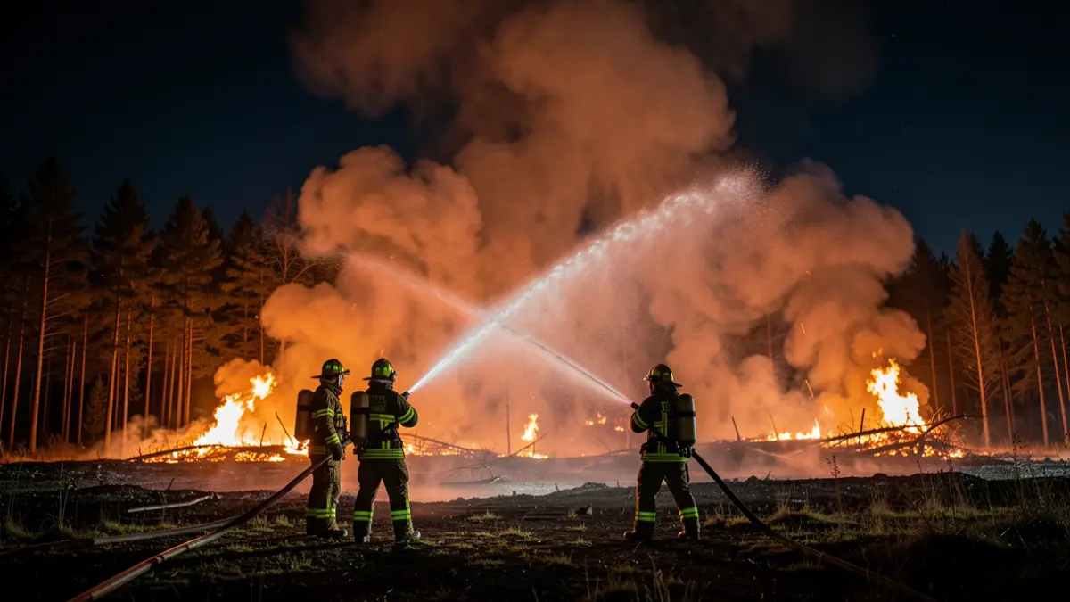 Imatge genèrica d'un incendi forestal amb bombers treballant de nit.