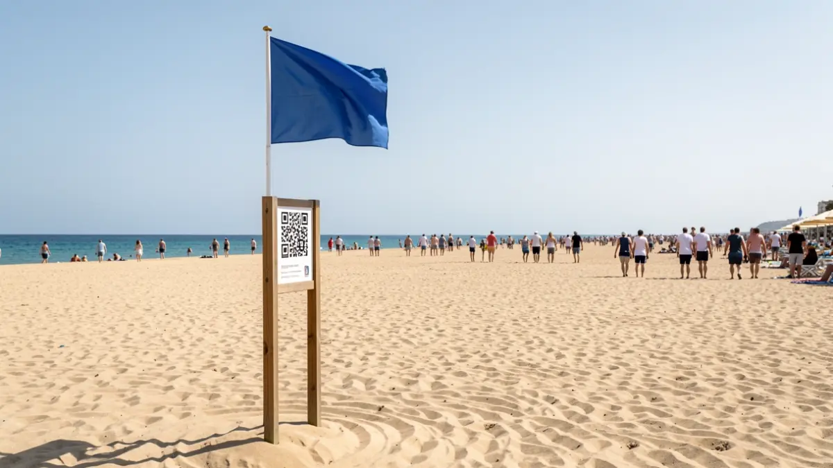 Bandera de platja sense fum onejant en un litoral de Borriana amb panells informatius.