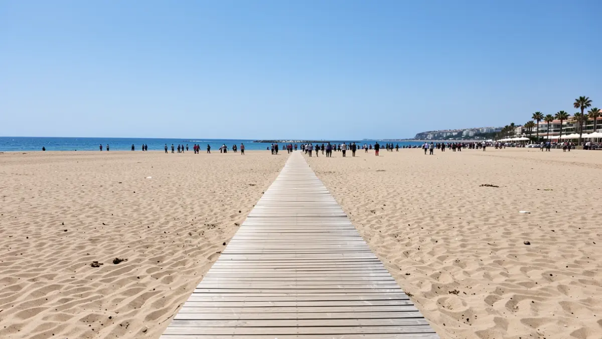 Generic image of a Mediterranean beach with wooden walkways.