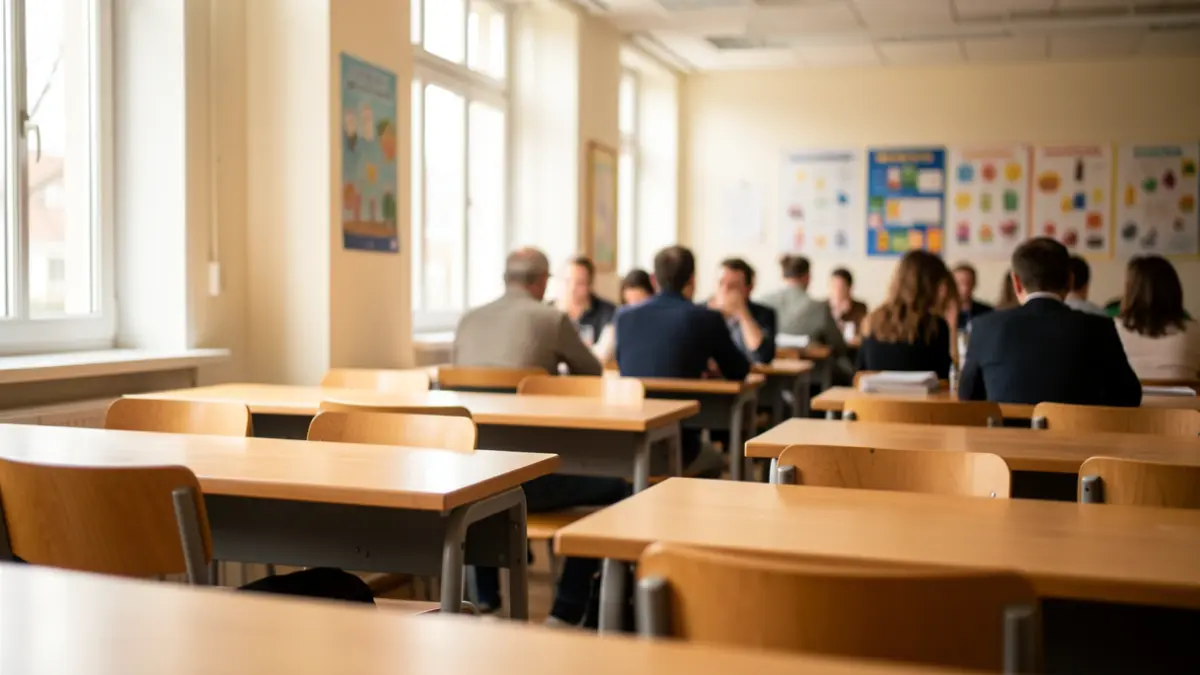 Imagen genérica de un aula escolar moderna y luminosa.