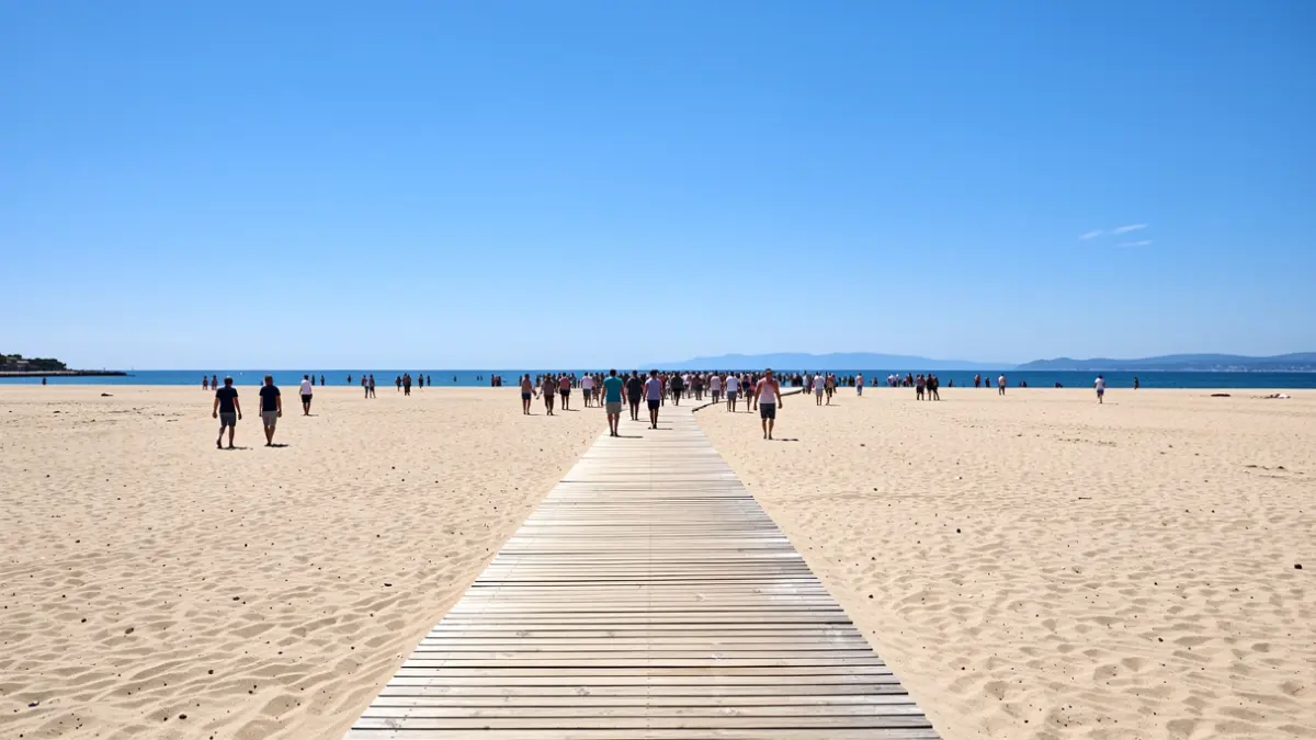 Generic image of a Mediterranean beach with wooden walkways.