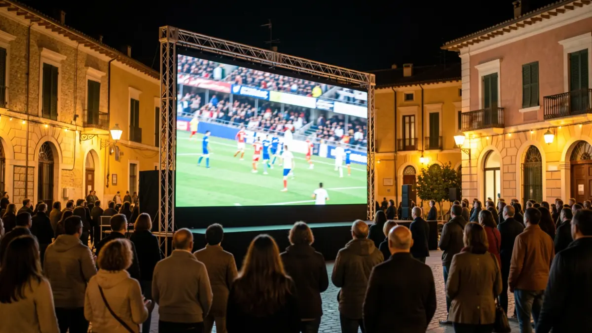 Generic image of a large screen in a public square for watching a football match.