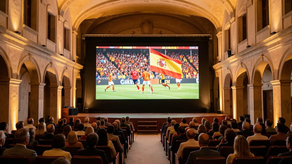 Imatge genèrica d'un auditori amb una pantalla gran mostrant un partit de futbol.