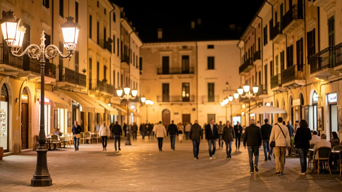 Imatge genèrica d'una plaça urbana de nit amb il·luminació càlida.