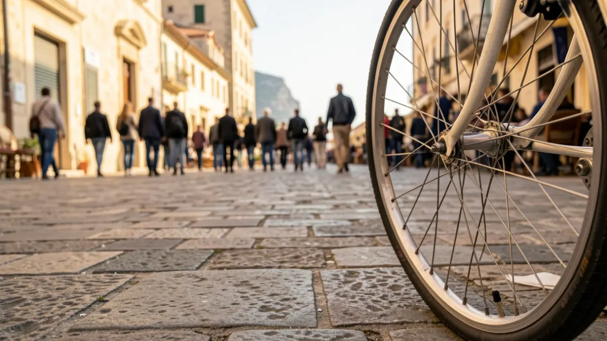 Generic image of a bicycle on a stone-paved street in a Mediterranean town.