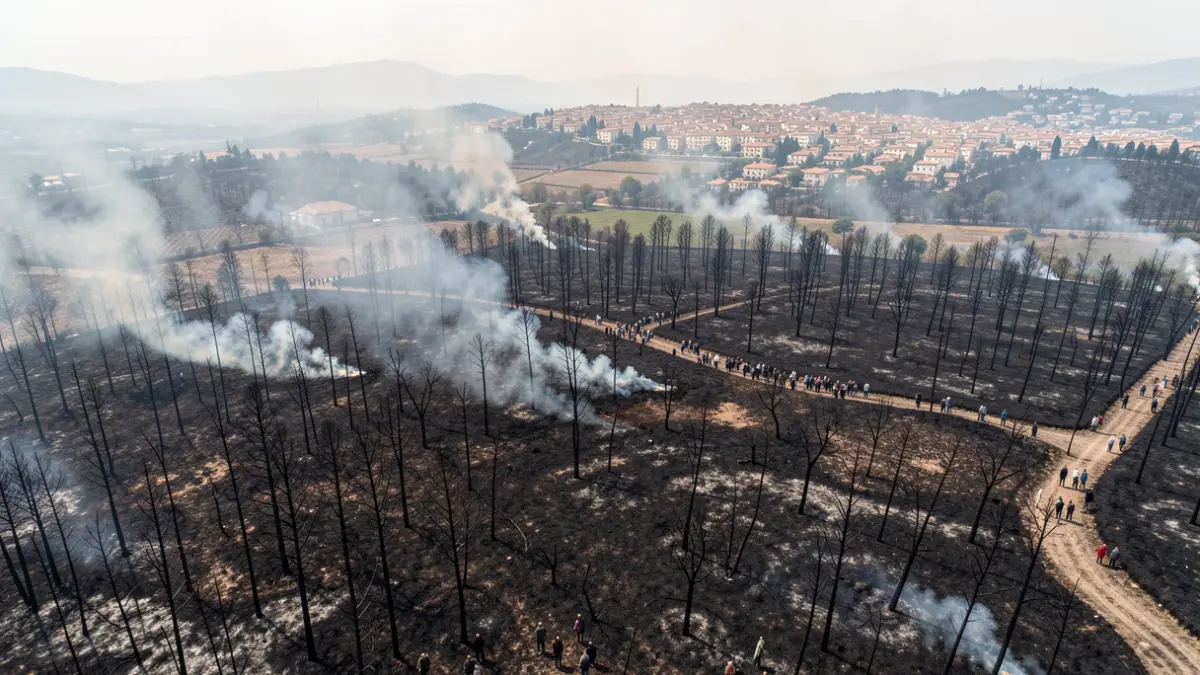 Imatge genèrica d'un paisatge afectat per un incendi forestal amb fum i vegetació cremada.