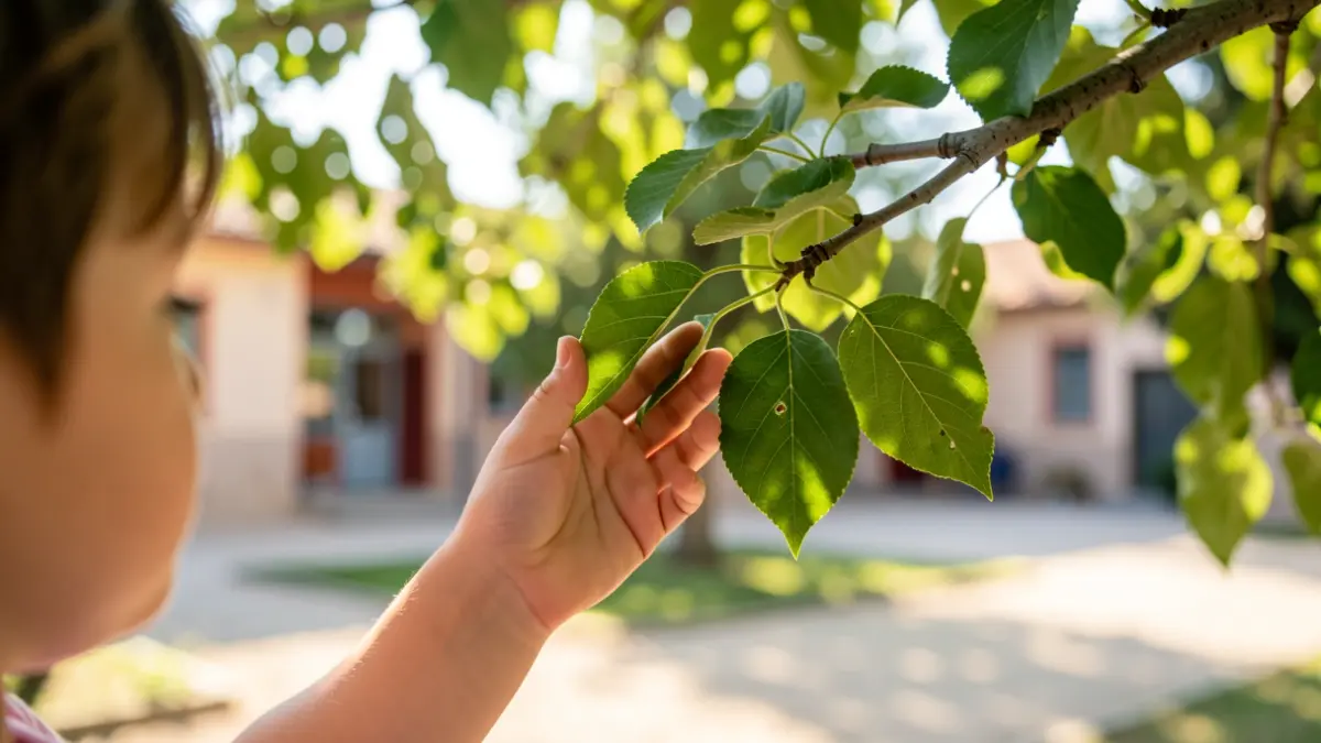 Imatge genèrica d'un pati escolar renaturalitzat amb vegetació i llum solar.