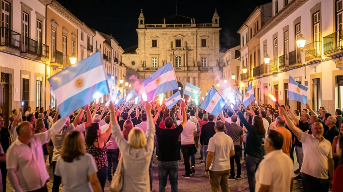 Imatge genèrica d'una celebració multitudinària amb banderes i bengales en una plaça de ciutat mediterrània.