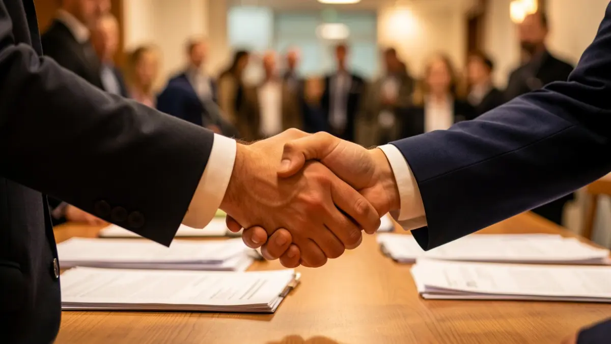 Generic image of two hands shaking over a table with documents.
