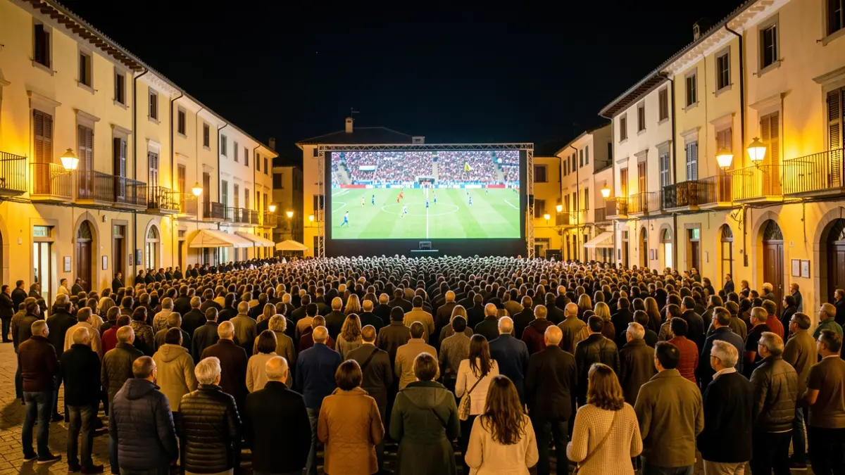 Imatge genèrica d'una multitud reunida en una plaça per veure un partit de futbol en una pantalla gegant.