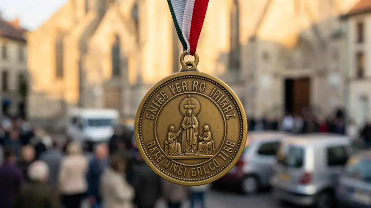 Imagen genérica de una cinta conmemorativa y un vehículo delante de una iglesia.