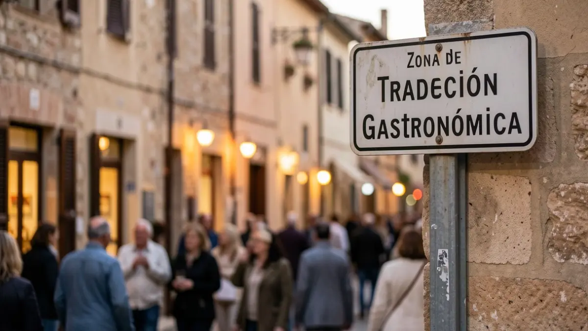 Sign for Gastronomic Tradition Zone in a Castellón street with restaurant facades in the background.
