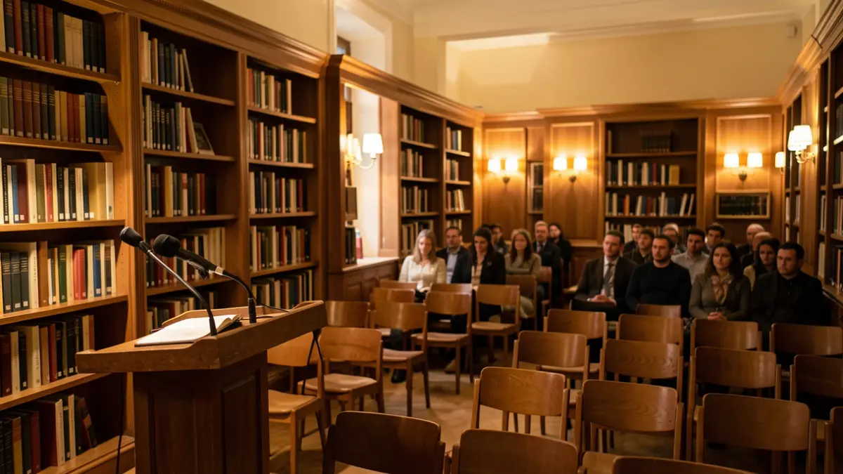 Imatge de l'interior d'una biblioteca amb prestatgeries de fusta i un faristol, ambient càlid de lectura.
