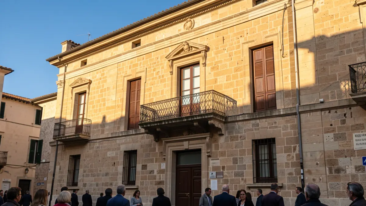 Imagen genérica de la fachada de un ayuntamiento mediterráneo con balcón y barandillas de hierro, iluminada por la luz del sol de la tarde.