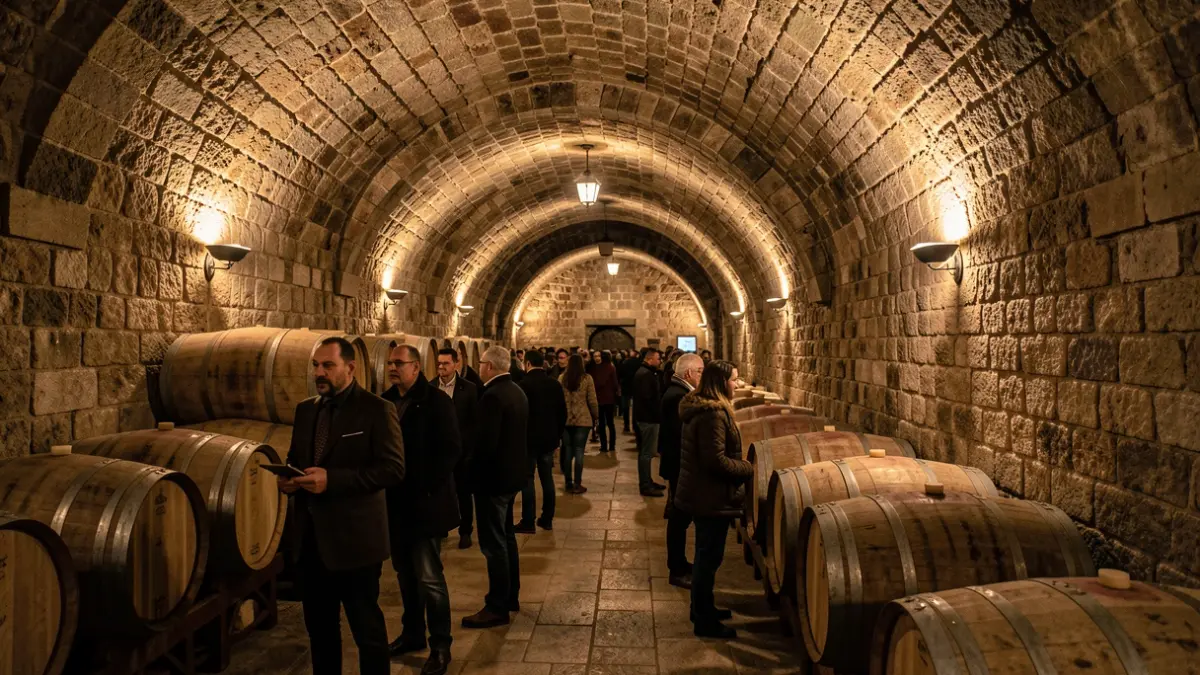 Imagen de una bodega subterránea medieval en Valencia con barricas y techos abovedados.