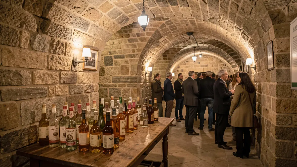 Imagen de una bodega subterránea medieval en Valencia con botellas de vermut.