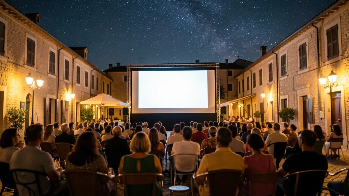 Imatge genèrica d'una projecció de cinema a l'aire lliure en una plaça mediterrània.