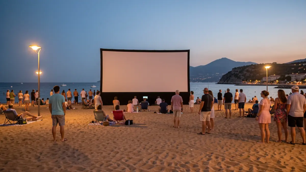 Generic image of an outdoor cinema screen on a beach.