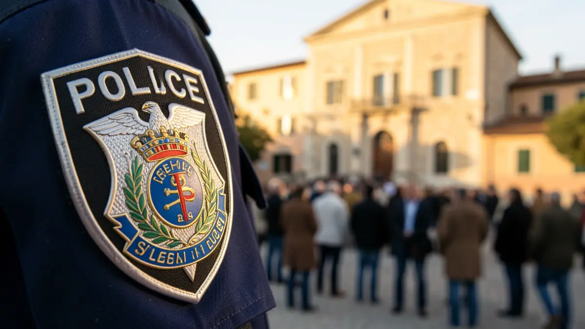Imatge genèrica d'una placa policial davant d'un ajuntament.