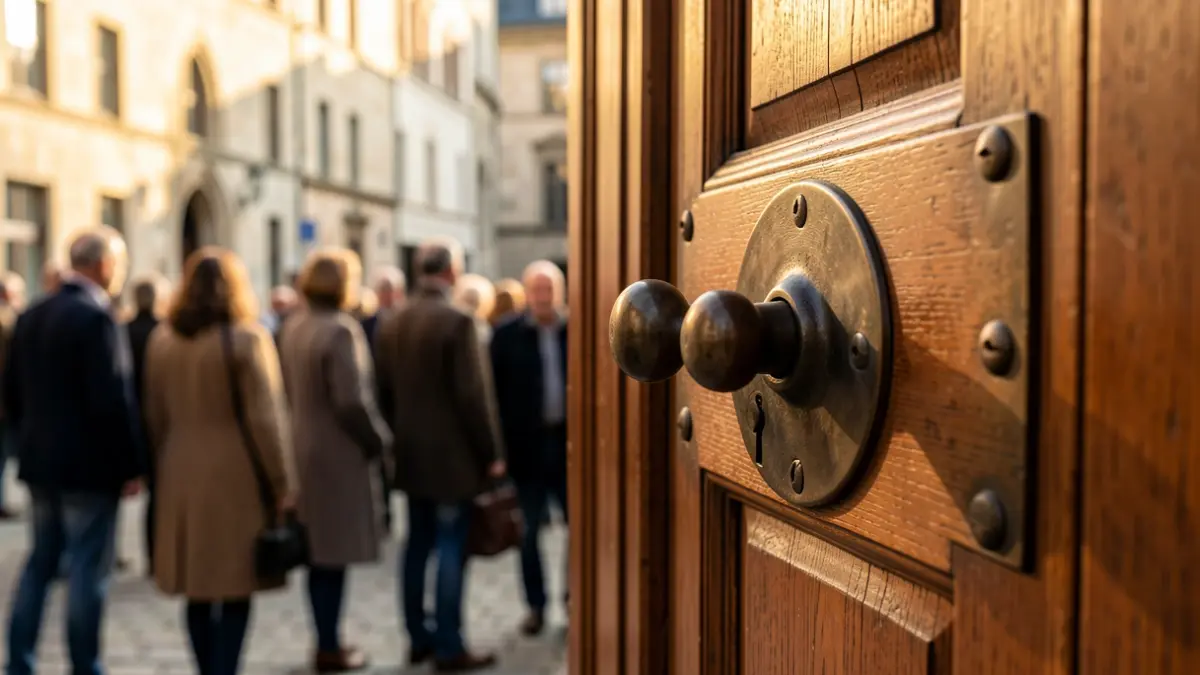 Imatge genèrica d'un pany en una porta de fusta en un edifici històric.