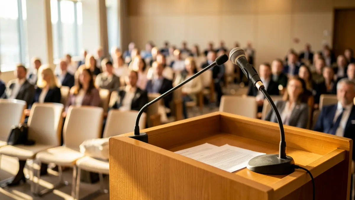 Generic image of a podium with a microphone in an assembly hall.