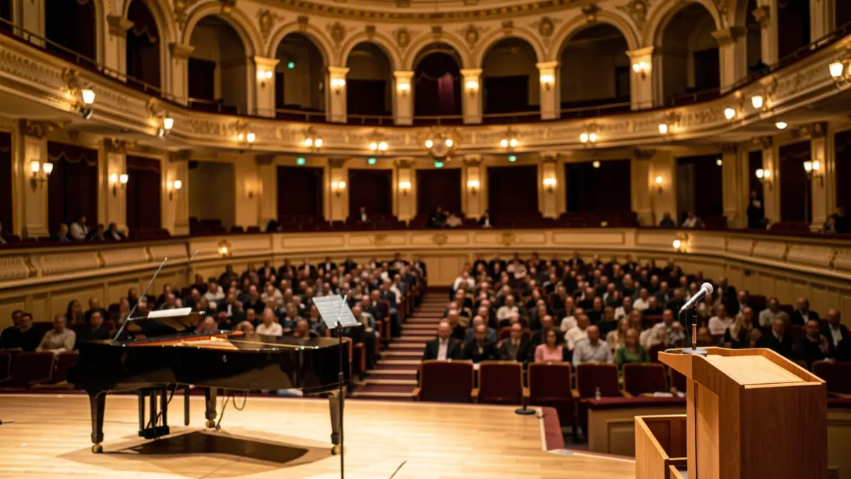Generic image of a concert hall with a piano on stage.