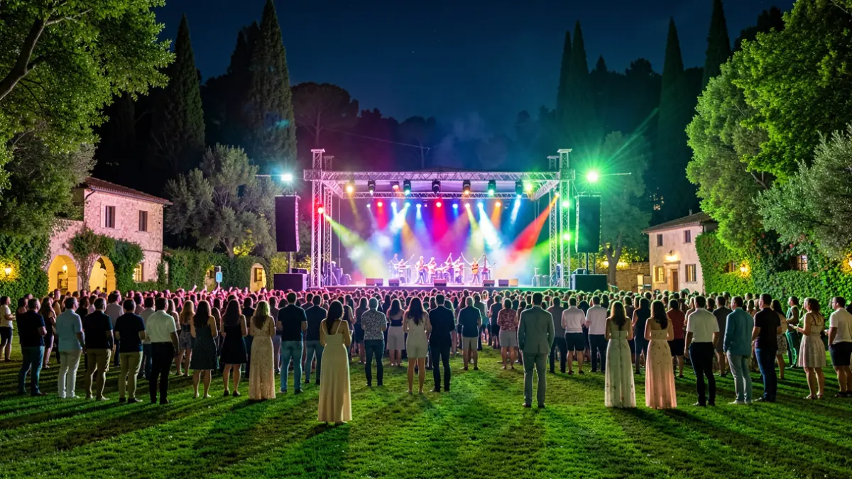 Imatge genèrica d'un concert a l'aire lliure en un parc durant la nit, amb llums i públic.