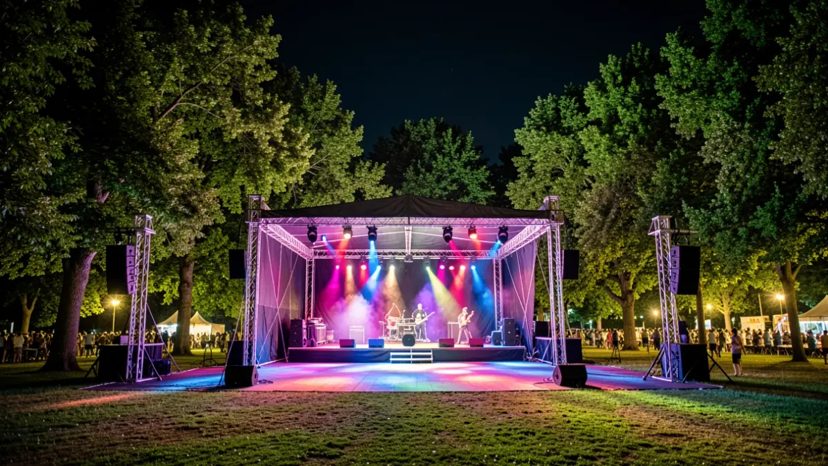 Imagen genérica de un escenario de conciertos al aire libre iluminado por luces de colores.