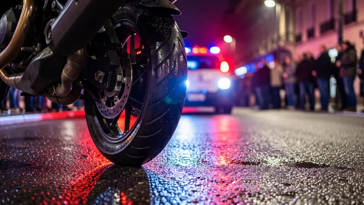 Imatge genèrica de llums d'emergència policials reflectides en asfalt mullat.