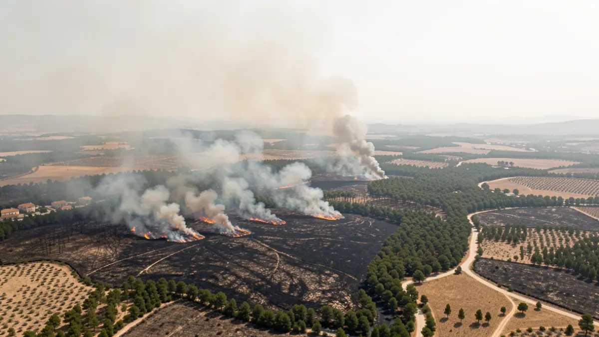 Imatge genèrica d'un gran incendi forestal amb fum i zones cremades.