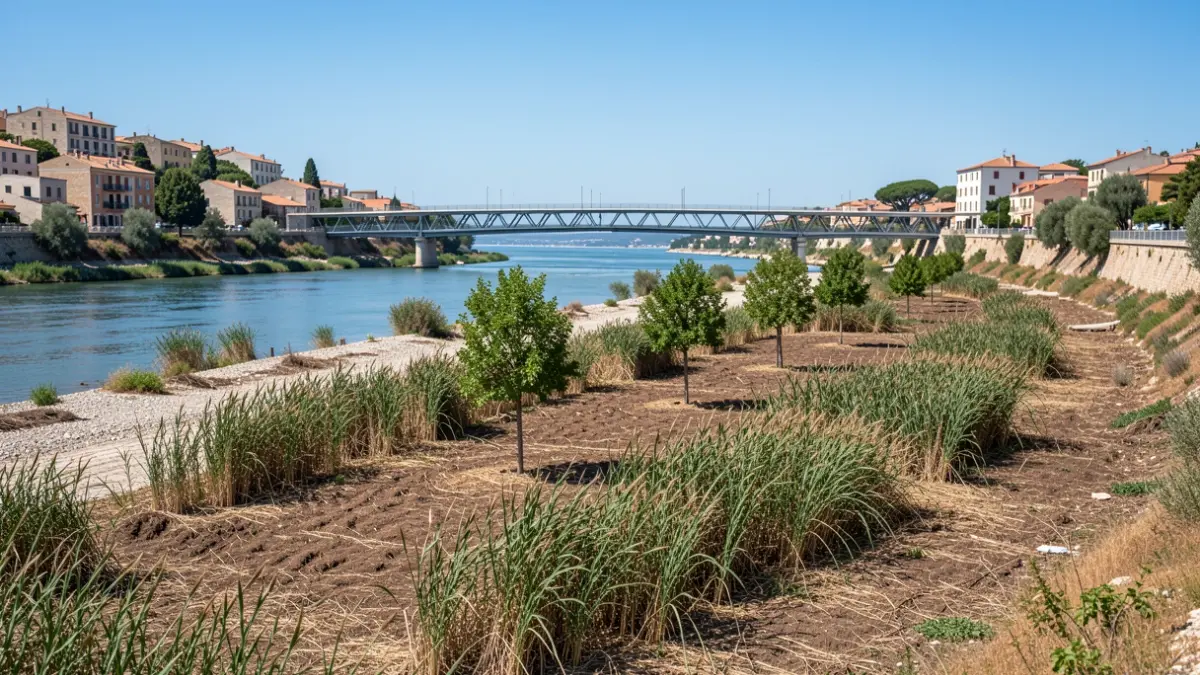 Generic image of a river course recovery with flood retention areas and a footbridge.