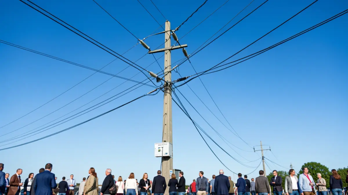 Generic image of an electricity pole with wires against a blue sky.
