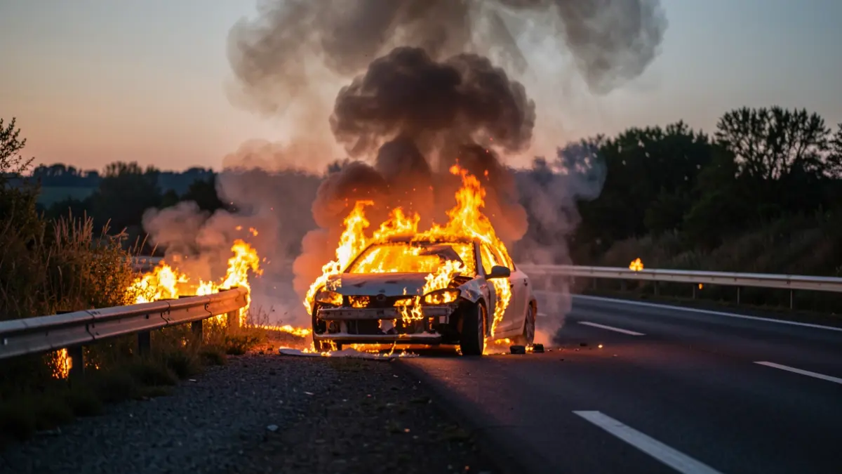 Imatge d'un cotxe en flames a la cuneta de l'autopista AP-7 prop d'El Verger.