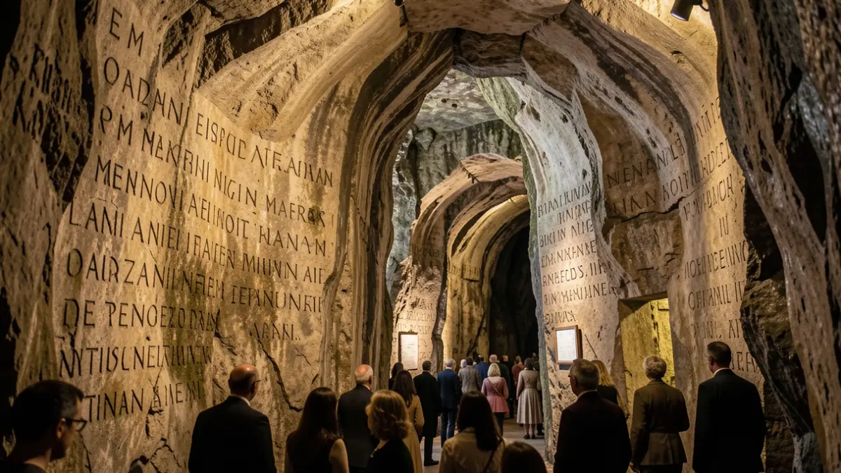 Interior de la cova amb inscripcions llatines antigues gravades en la paret rocosa.