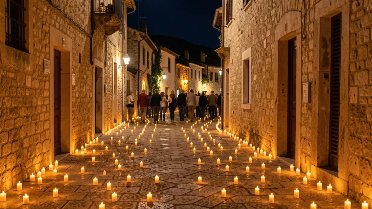 Imagen de calles empedradas iluminadas por miles de velas durante una noche cultural.