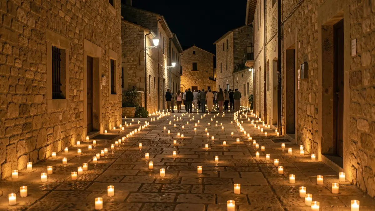Imatge de carrers empedrats il·luminats per milers de veles durant una nit cultural.