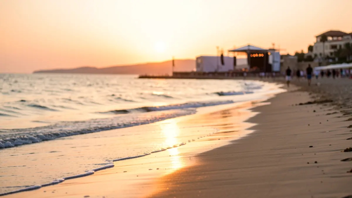 Imatge genèrica d'una platja mediterrània al capvespre amb estructures d'escenari al fons.