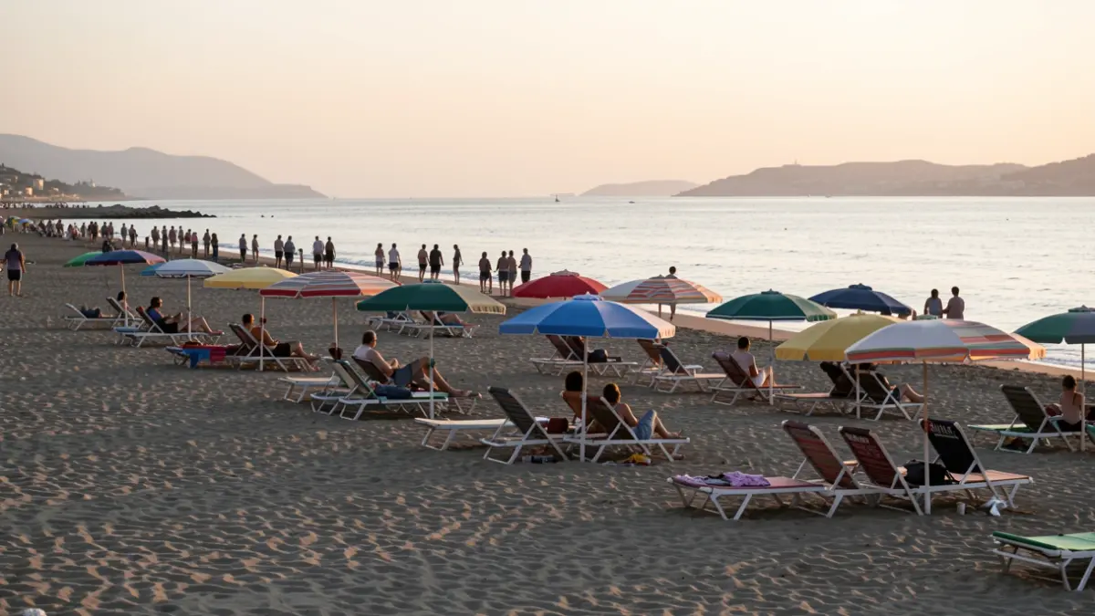 Generic image of chairs and umbrellas left on the beach in Cullera in the early morning.