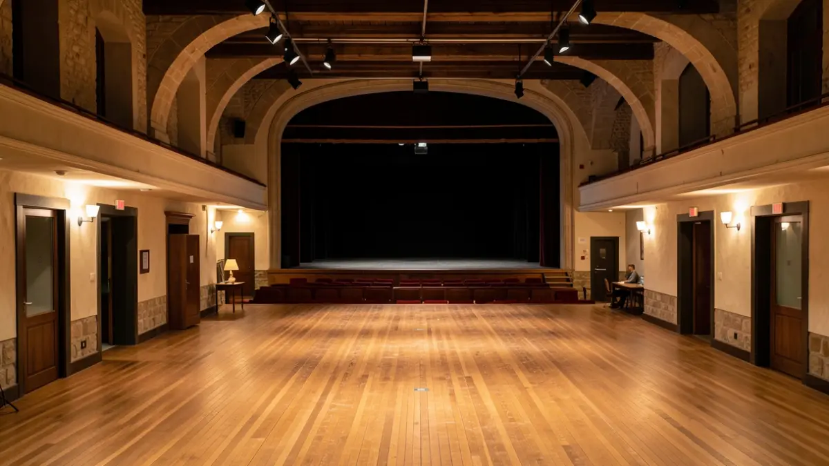 Imagen genérica de una sala de ensayo teatral con suelo de madera e iluminación cálida.