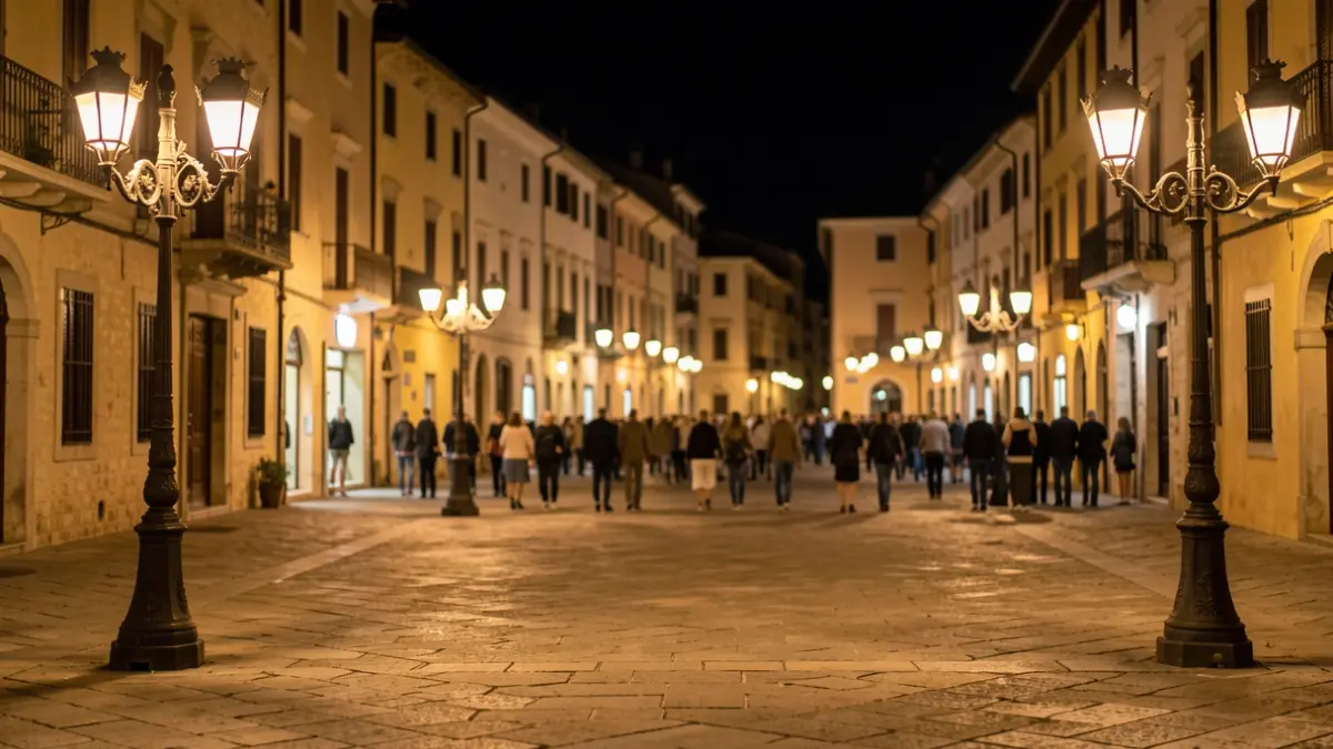 Generic image of an empty urban square at night with warm lighting.