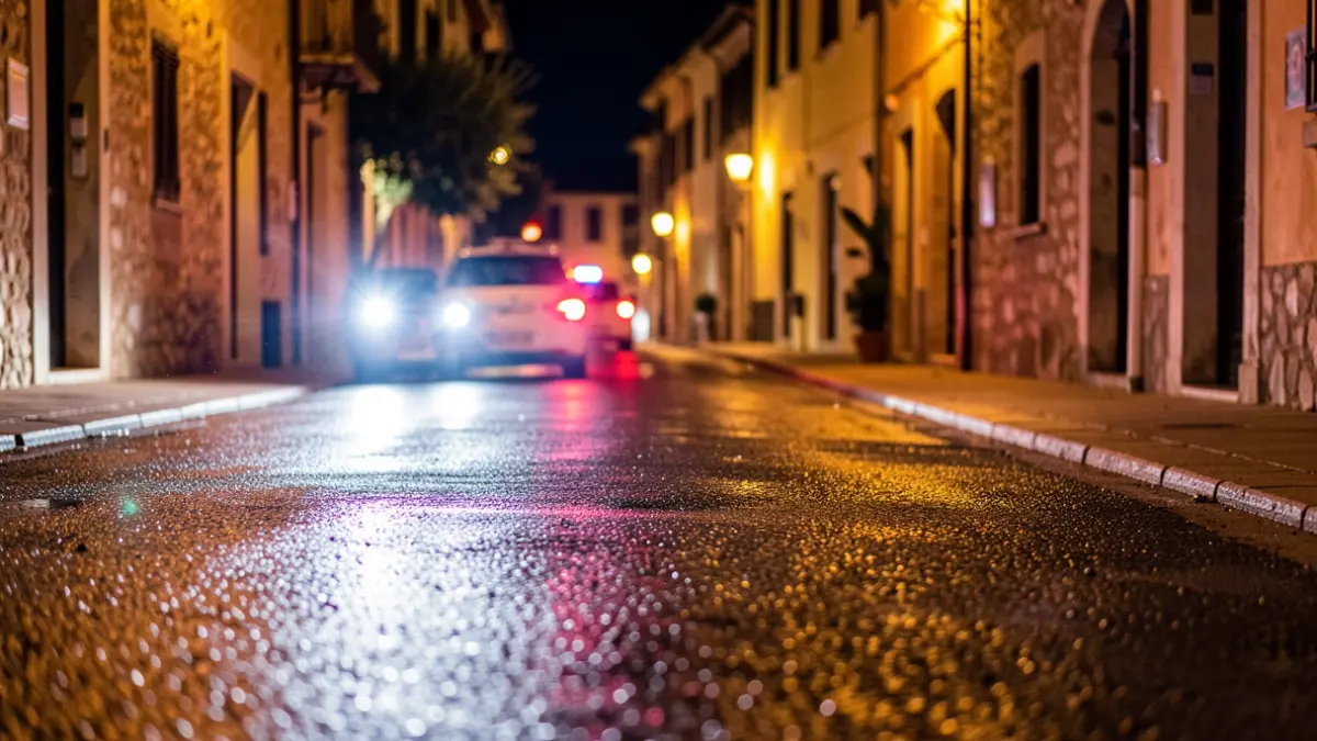 Imatge genèrica de llums d'emergència reflectides en l'asfalt durant la nit.